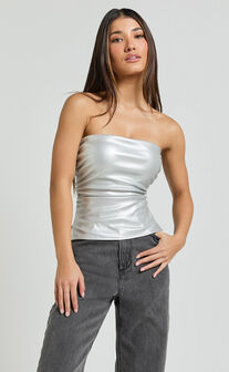 Yvonne Top - Strapless Ruched Top in Silver