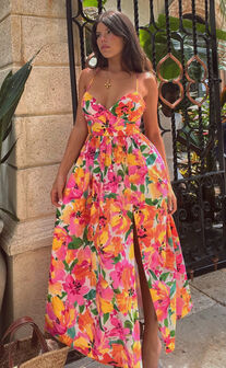 Shairah Midi Dress - Cross Back Gathered Sweetheart Dress in Bloom