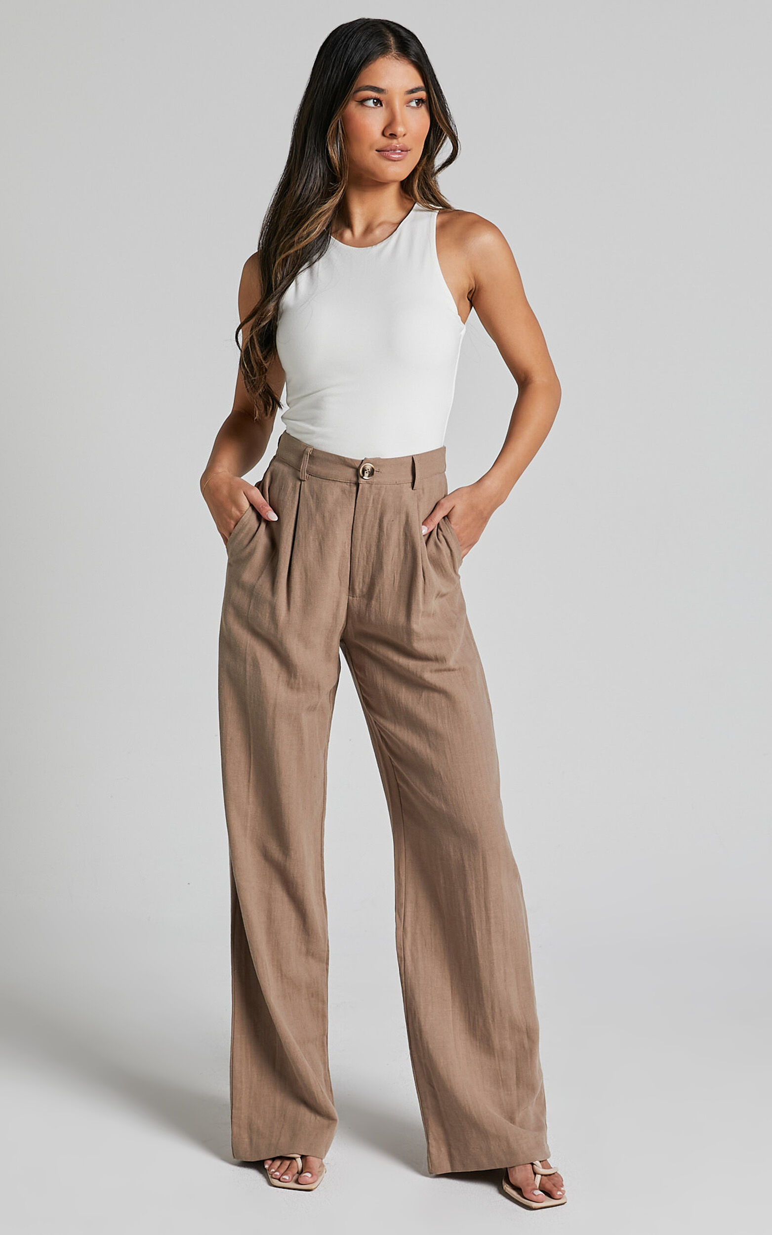 Larissa Trousers - Linen Look Mid Waisted Relaxed Straight Leg Trousers in Mushroom - 04, BRN1