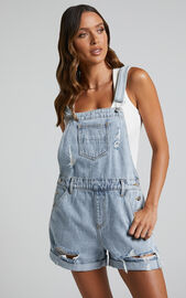 Rheana Overalls - Recycled Cotton Denim Short Overalls in Mid Blue Wash ...