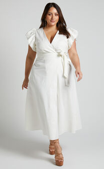 Amalie The Label - Palmer Linen Blend Frill Sleeve Wrap Dress in White