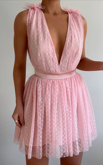 Mariabella Mini Dress - Tulle Plunge Dress in Pink