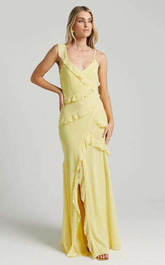Nitha Maxi Dress - Asymmetrical Frill Thigh Split Dress in Lemon