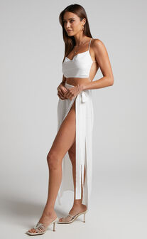 Treise Two Piece Set - Backless Cowl Neck Crop Top and Tie Waist Maxi Skirt in White