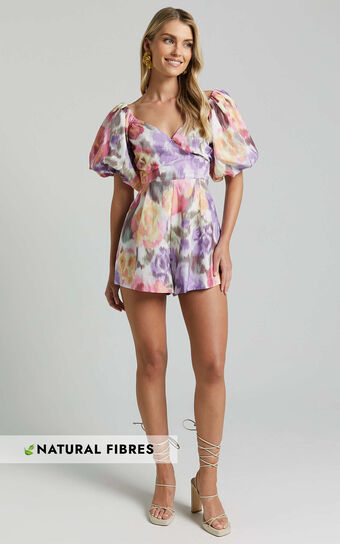 Amalie The Label - Palais Linen Blend Off Shoulder Puff Sleeve Sweetheart Neck Playsuit in Montreuil Print