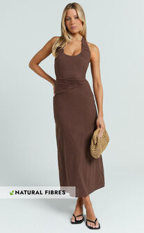 Murray Midi Dress - Deep U Halter Neck Dress in Chocolate
