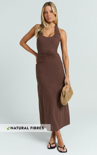 Murray Midi Dress - Deep U Halter Neck Dress in Chocolate
