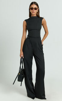 Luciana Pants - High Waist Crossover Belted Straight Leg Tailored Pants in Black