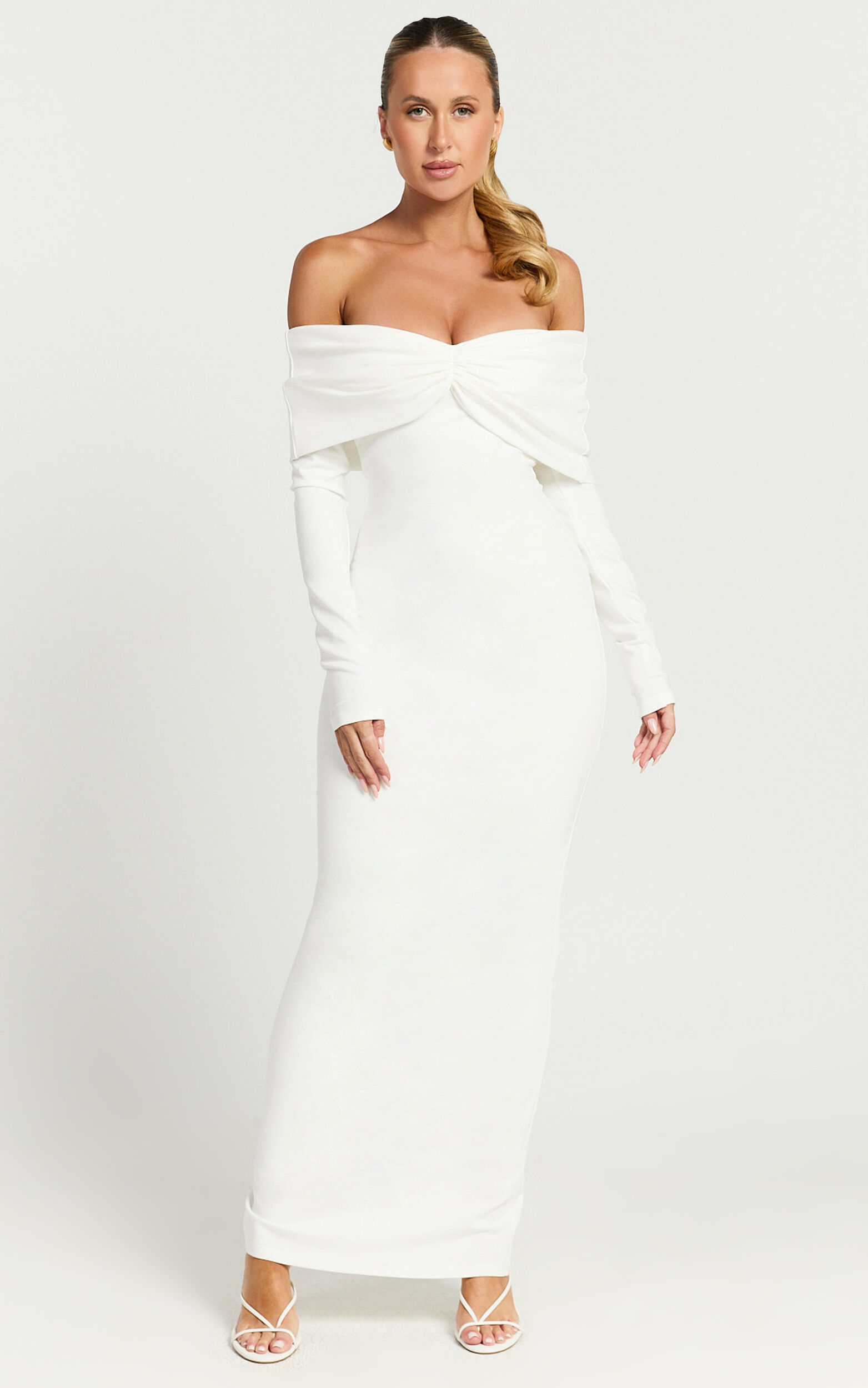 Rani Midi Dress - Off Shoulder Long Sleeve Bodycon Dress in Off White ...