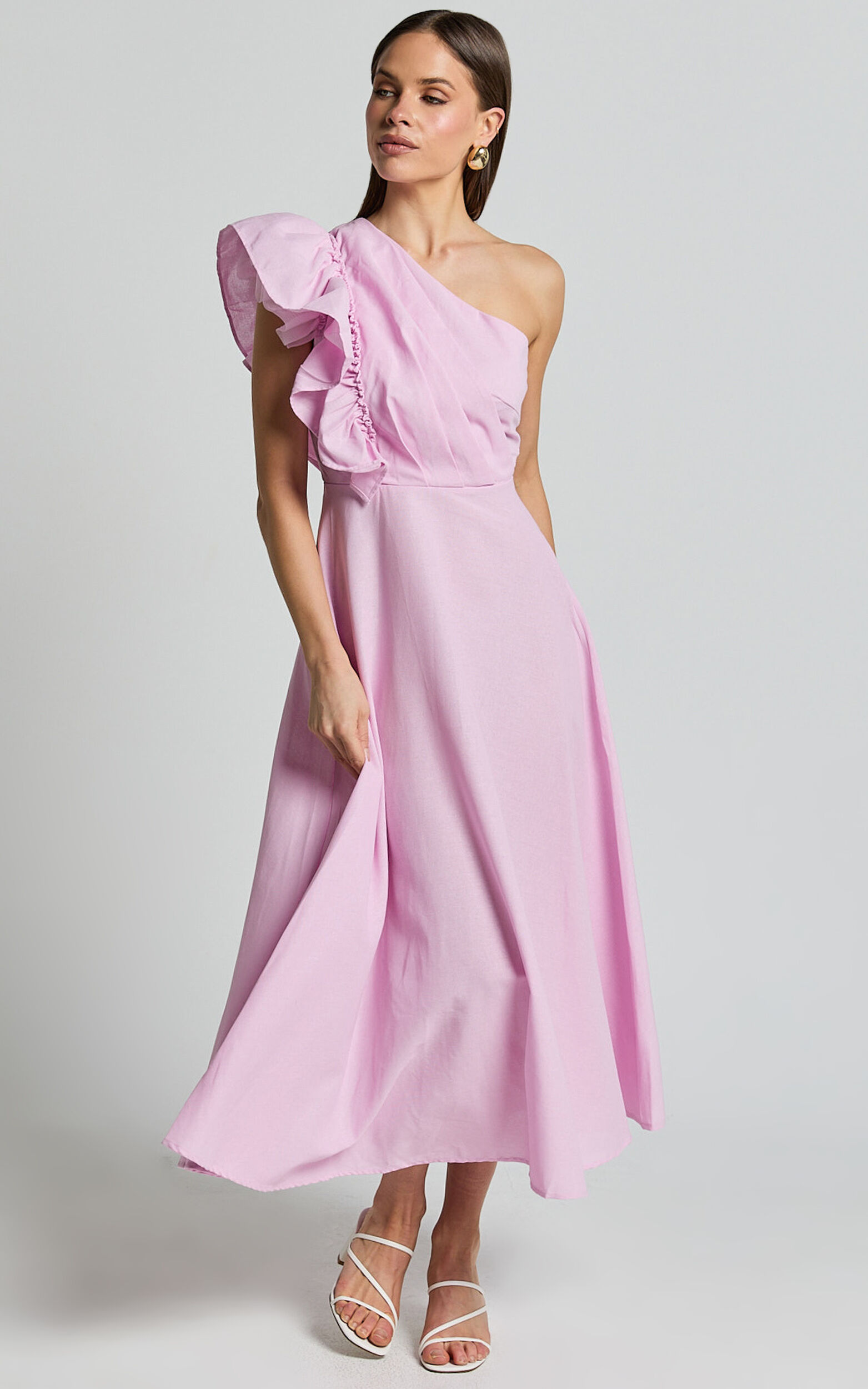 Dixie Midi Dress - Linen Look One Shoulder Ruffle Dress in Pink | Showpo