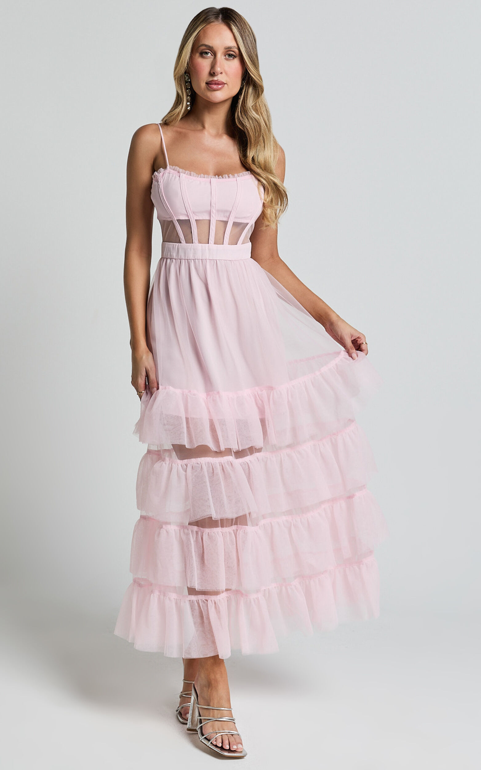 Evelynn Midi Dress - Sweetheart Corset Bodice Fit & Flare Tiered in Ballet Pink - 06, PNK1