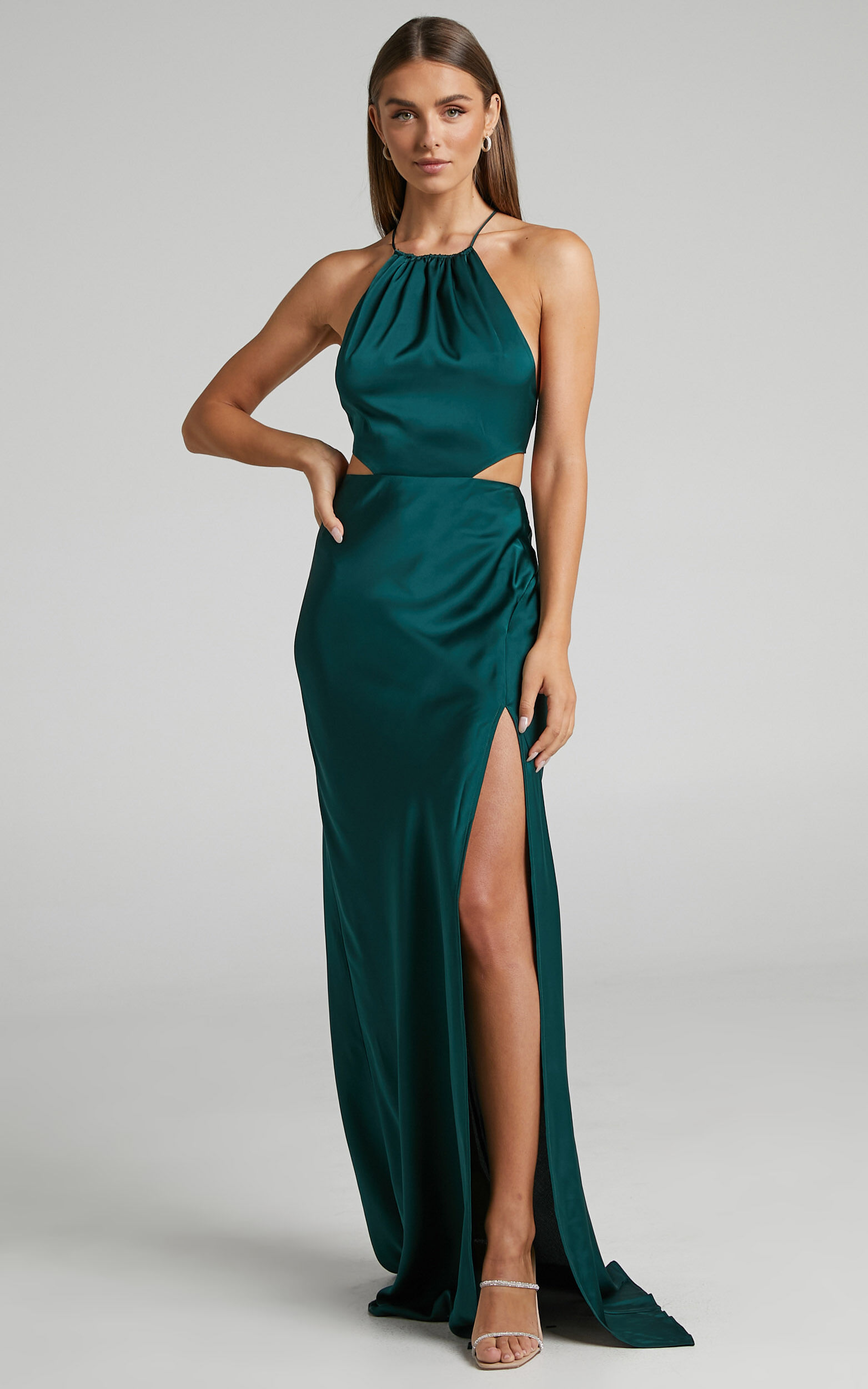 Azrael Maxi Dress - Thigh Split High Neck Tie Back Satin Dress in Emerald - 04, GRN2
