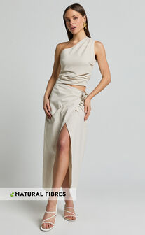 Genna Midi Skirt - Linen Look Wrap Skirt in Natural
