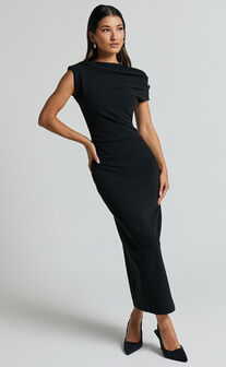 Carmilette Midi Dress - Cowl Neck Ruched Jersey Dress in Black