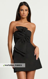 Chika Mini Dress - Linen Look Strapless Front Bow Dress in Black