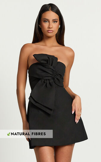 Chika Mini Dress - Linen Look Strapless Front Bow Dress in Black