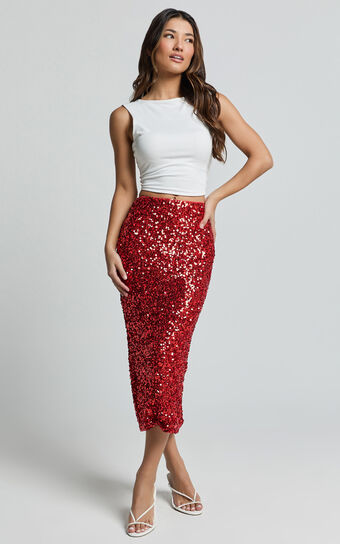 Hasley Midi Skirt - Sequin Bodycon Skirt in Red