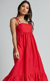 Aveiro Midi Dress - Straight Neck Shoulder Tie High Low Ruffle Hem in ...