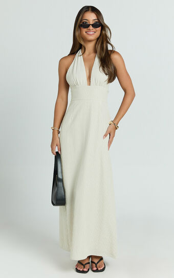 Ruth Maxi Dress - Halter Neck Dress in Neutral Stripe
