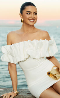 Coraline Mini Dress - Ruffle Off Shoulder Fitted Dress in White