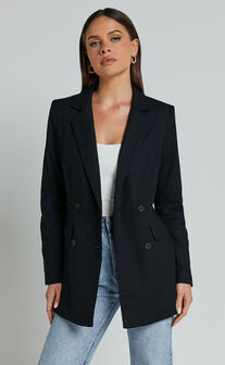 Celinee Blazer - Linen Look Double Breasted Long Sleeve Blazer in Black