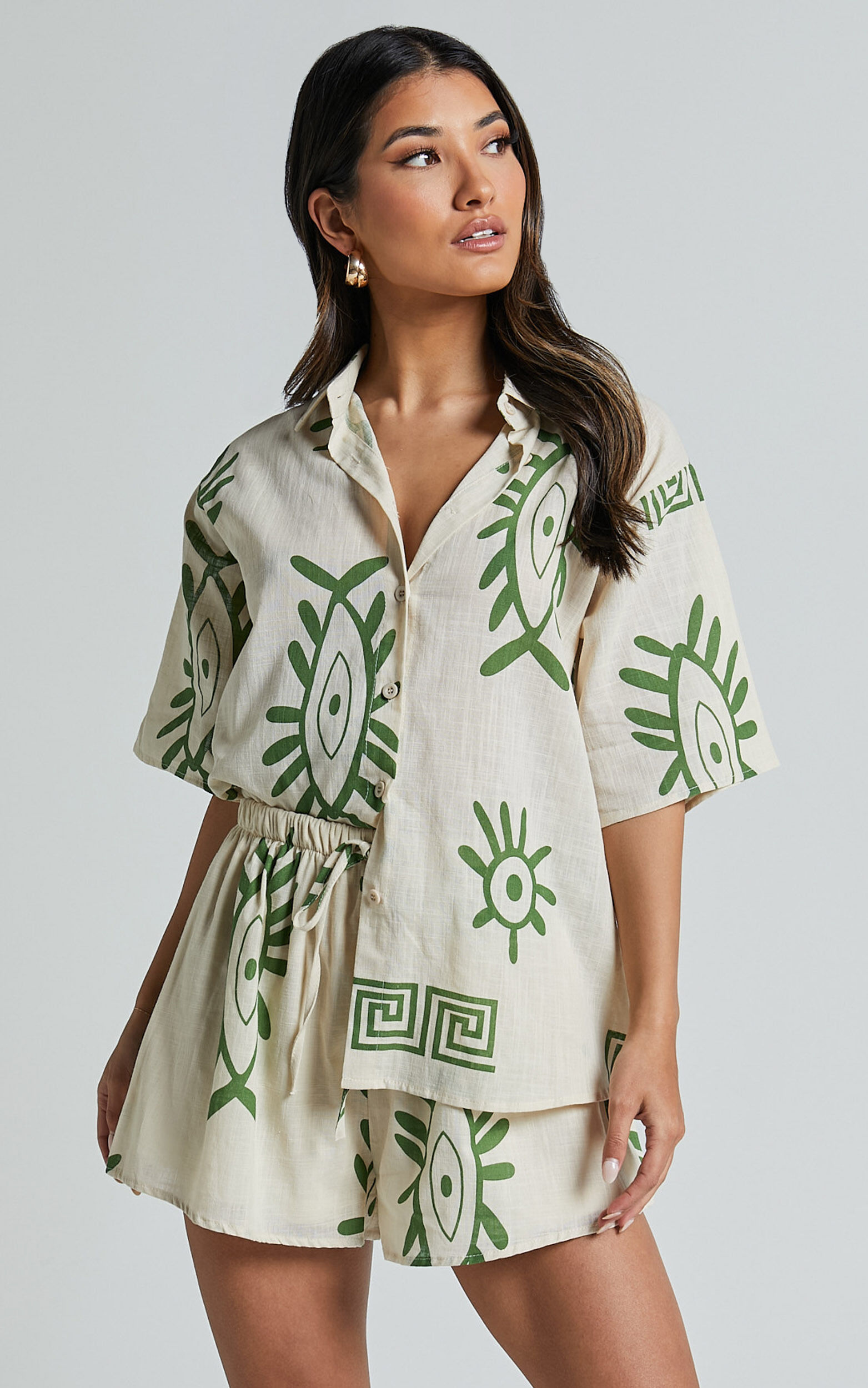 Gizelle Two Piece Set - Linen Look Short Sleeve Shirt & Shorts Set in Beige  and Green Print