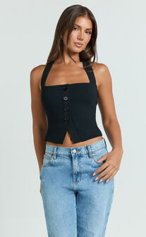 Elsie Top - Halter Square Button Front Knit Top in Black