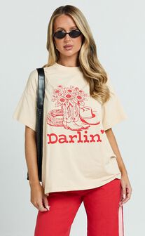 Alena Top - Oversized Darlin Print Tee in Beige