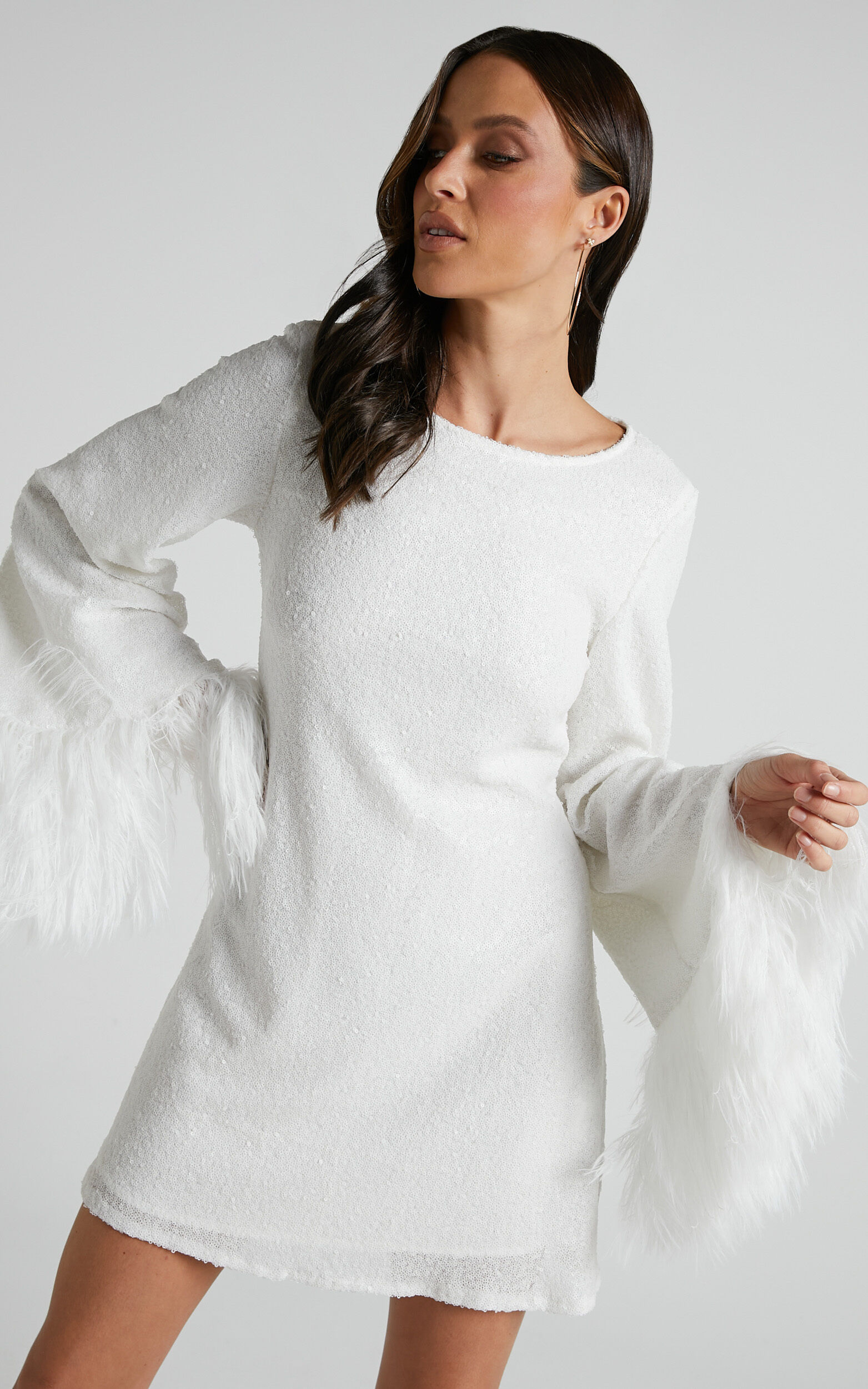 Rowella Mini Dress Faux Feather Bell Sleeve Dress in White
