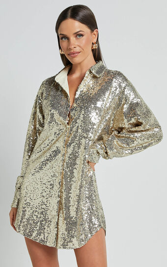 Cally Mini Dress - Oversized Shirt Dress in Gold Sequin