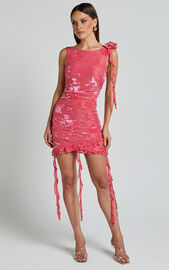 Cardi Mini Dress - Rosette Detail Devore Ruffle Hem Mini Dress in Pink ...