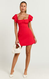 Ginny Mini Dress - Square Neck Ruched Bodice Puff Sleeve Straight Dress ...