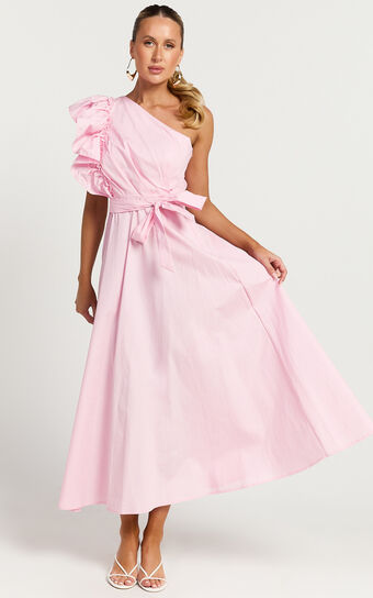 Almeida Midi Dress - One Shoulder Ruffle Detail Belted Dress in Pink