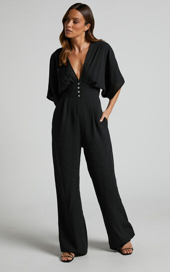 Hanlou Jumpsuit - Flutter Sleeve V-Neck Button Front Wide Leg Jumpsuit in Black