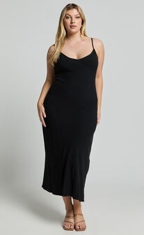 Delaina Midi Dress - Linen Look Strappy V Neck Bias Cut Slip in Black