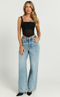 Portia Top - Crochet Corset Square Neck Crop Top in Black