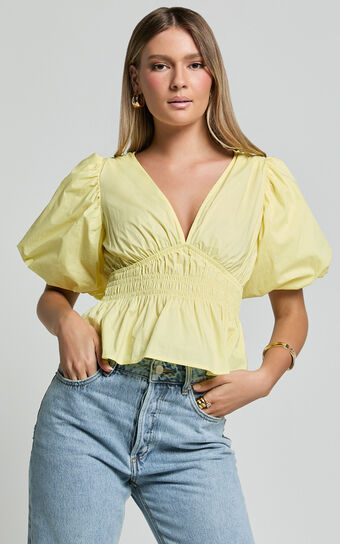 Mellie Top - Puff Sleeve Peplum Top in Yellow