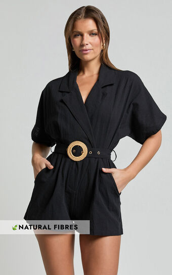 Thaisa Playsuit - Short Sleeve Collared Belted Playsuit in Black