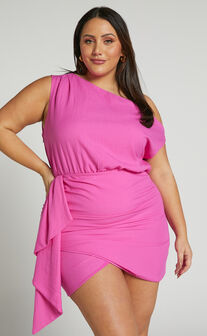 Niana Mini Dress - Drape One Shoulder Dress in Pink