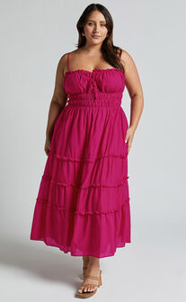 Schiffer Midi Dress - Strappy Ruched Tie Front Tiered Dress in Raspberry