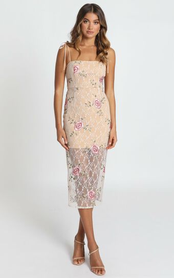 Can We just Talk Dress In Beige Floral Lace