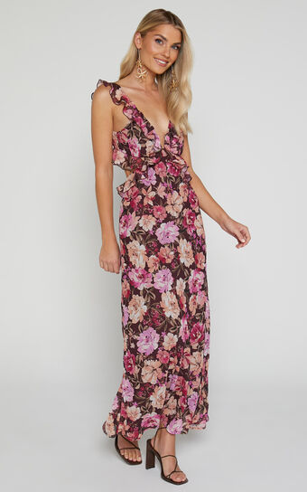 Alessa Midi Dress - V Neck Frill Detail Empire Waist Back Cut Out Dress in Wine Floral