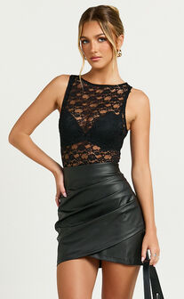Ashlyn Mini Skirt - Faux Leather Overlap Skirt in Black