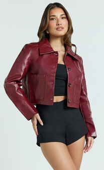 Claude Jacket - Leather Look Harrington Jacket in Red