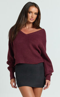 Tiana Sweater - V Neck Long Sleeve Knit Sweater in Burgundy