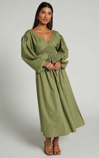 Tori Midi Dress - Linen Look Shirring V Neck Long Balloon Sleeve Dress in Khaki