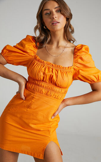 Everleigh Gather Bodice Mini Dress in Orange