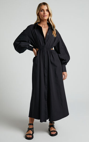 Merabelle Midi Dress - Side Cut Out Collared Long Sleeve Shirt Dress in Black
