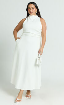 Macy Midi Dress - High Neck A Line Dress in Off White