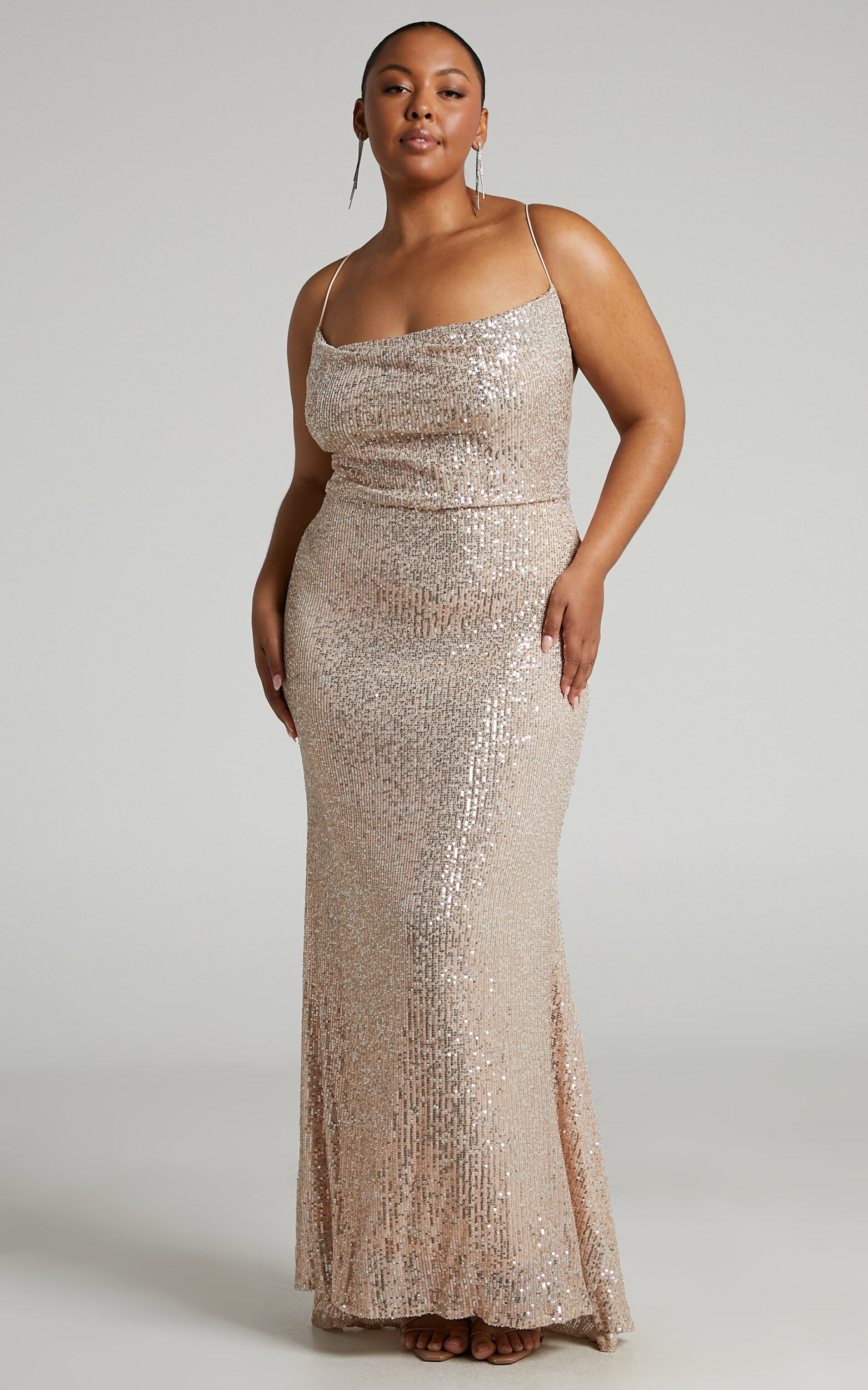 Mahalia Maxi Dress Sequin Strappy Back Cowl Neck Dress in Gold